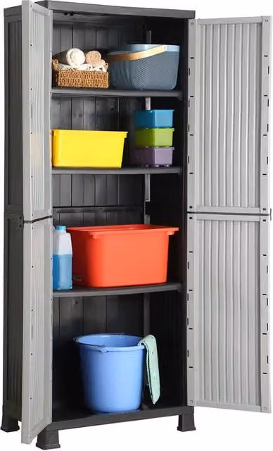 Armadietto a muro vidaXL in plastica grigia con ante a battente e serratura, L: 68 cm, P: 39 cm, H: 171,5 cm