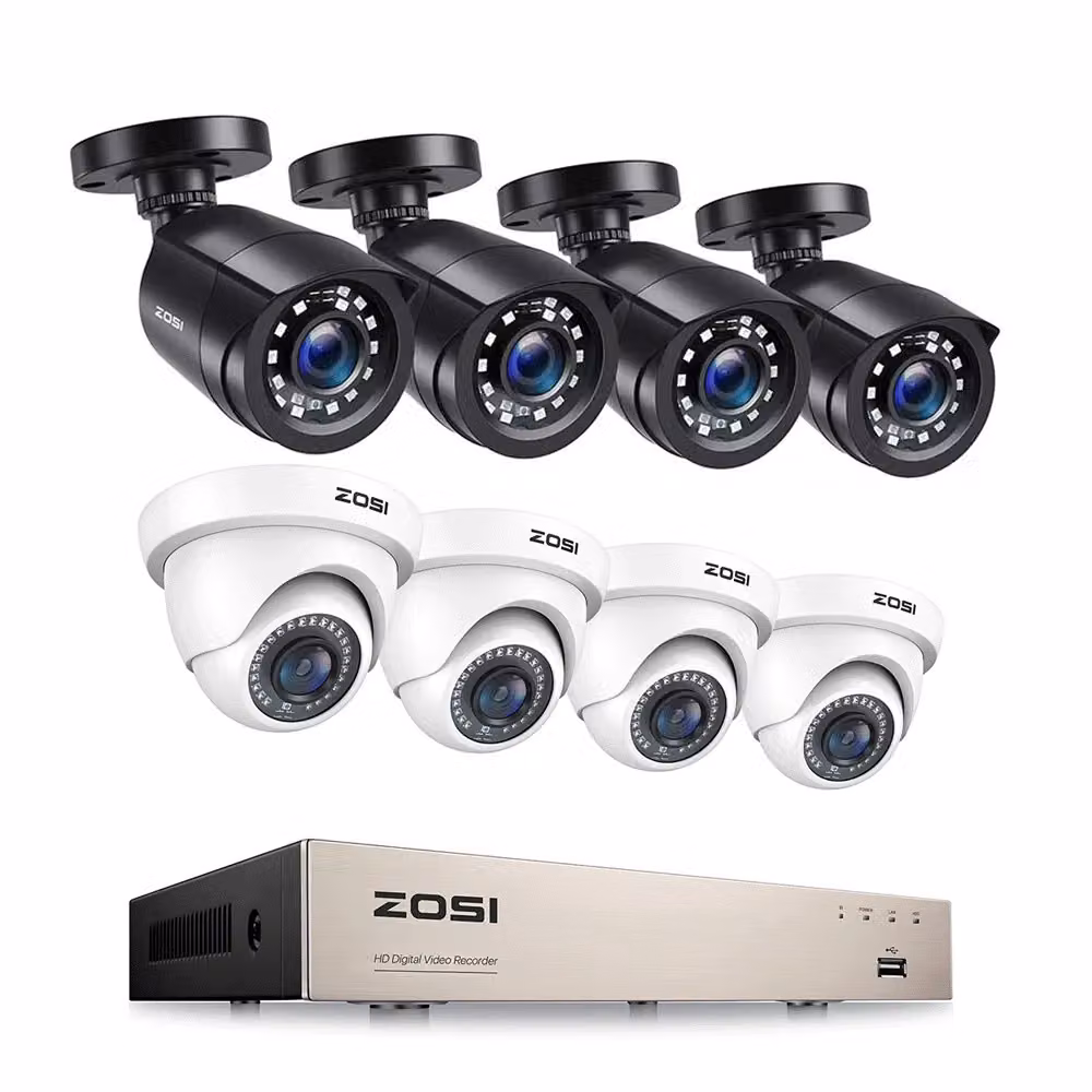 Sistema di telecamere di sicurezza ZOSI a 8 canali, risoluzione HD 1080p, rilevamento intelligente del movimento, 8 telecamere, 2T
