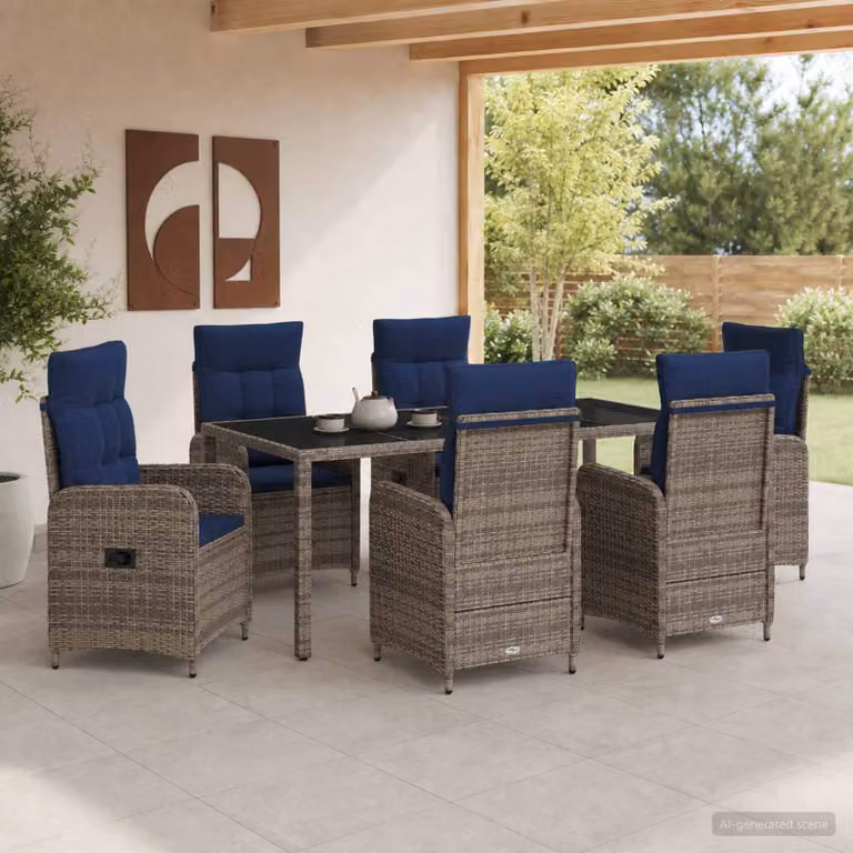 Set da pranzo per esterni vidaXL in polyrattan da 7 pezzi con tavolo in vetro, moderno, disponibile in grigio o blu