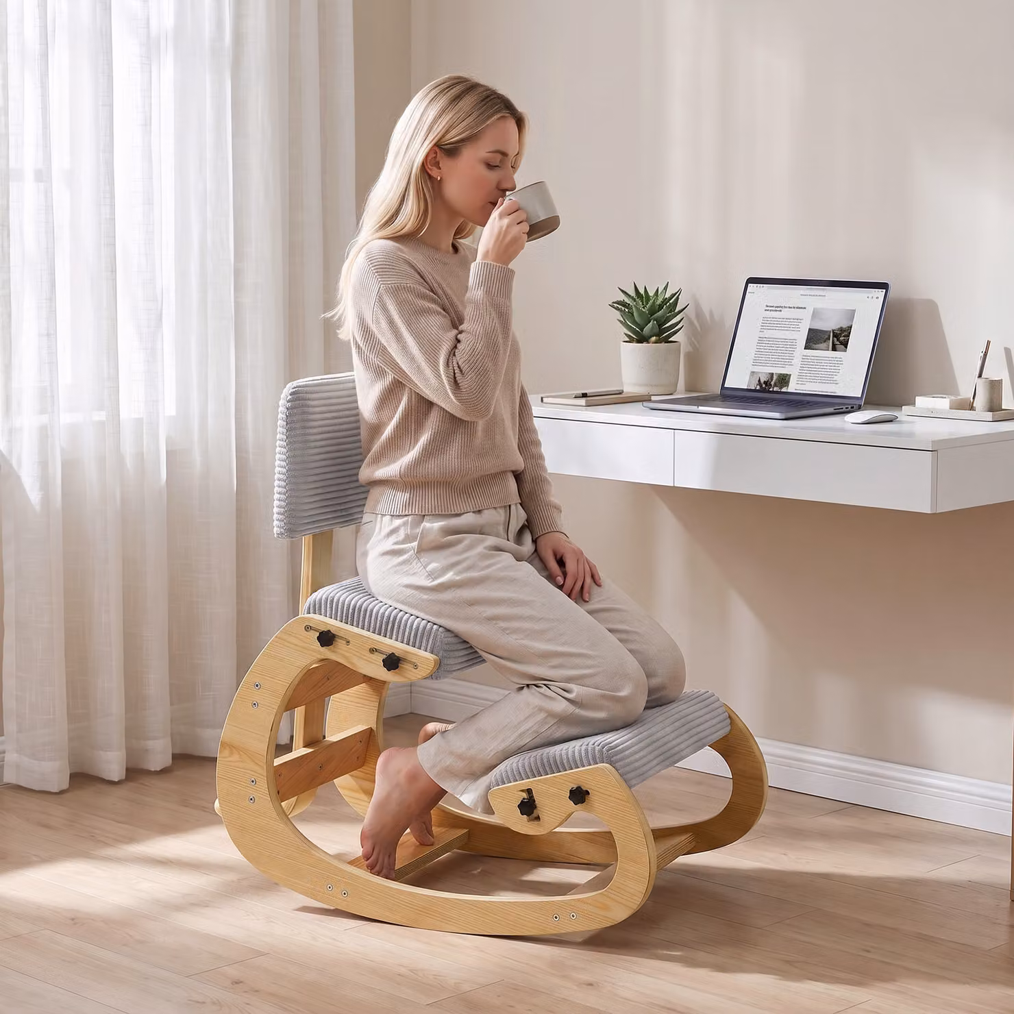 Sedia inginocchiata ergonomica basculante HOMCOM in velluto a coste con schienale, grigio chiaro – 2