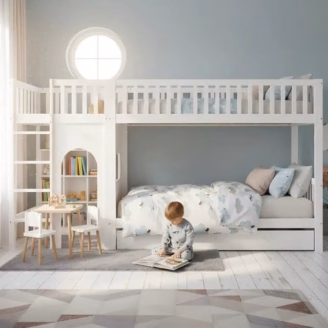 Letto a castello per bambini 90 × 200 cm 2 posti con scala a 4 gradini e barriere, senza materasso, in legno bianco