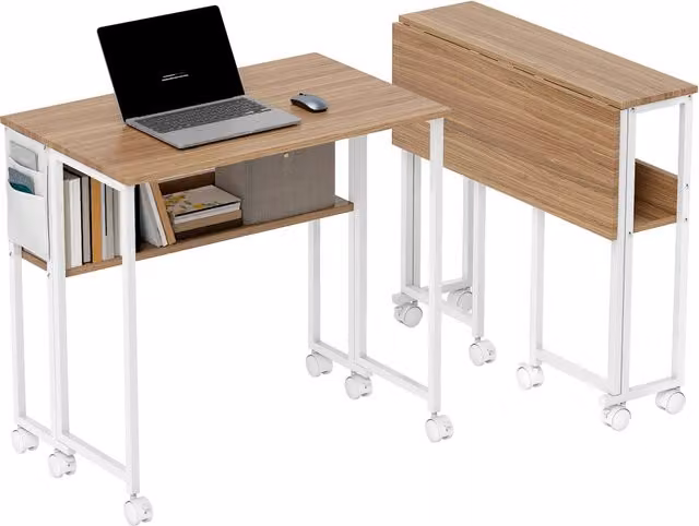 Scrivania Pieghevole Minimal con Ruote e Ripiano Multifunzione Bianco e Beige L: 80 cm, P: 50 cm, H: 75 cm