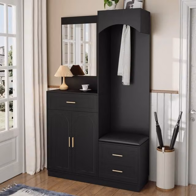Mobile da ingresso con specchio scarpiera e appendiabiti nascosti ripiani regolabili in MDF nero 110 × 33 × 185,5 cm
