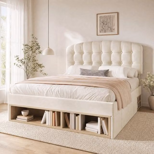 Letto matrimoniale imbottito 140x200 cm in velluto beige con testiera regolabile e cassetti