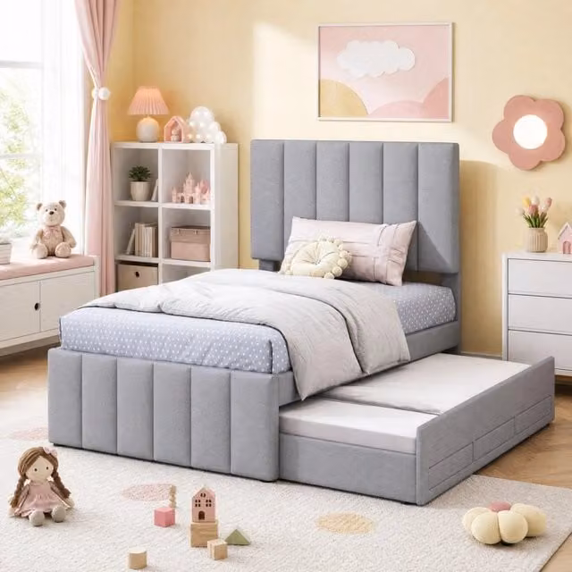 Letto Mivray con letto estraibile e 3 cassetti, testiera regolabile rivestita in tessuto, grigio, L/P/H: 90 x 200 cm
