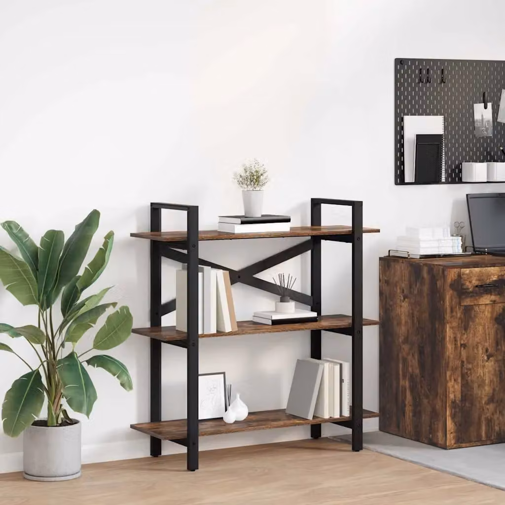 Libreria industrial vidaXL in legno e metallo, colore rovere fumo, L 100 x P 33,5 x H 102 cm