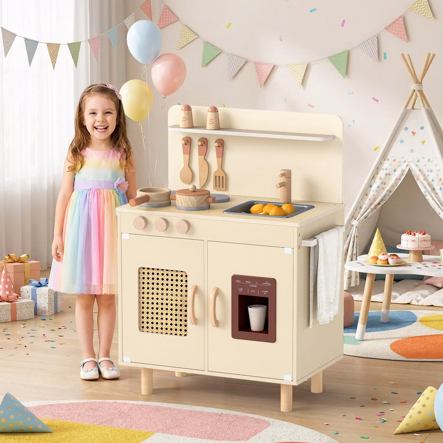 Cucina giocattolo in legno Costway con lavello e fornello per bambini, set cucinetta giallo