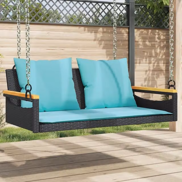 Panchina a dondolo moderna vidaXL in legno di acacia e polyrattan con cuscini inclusi, L: 109 cm, P: 62 cm, H: 40 cm