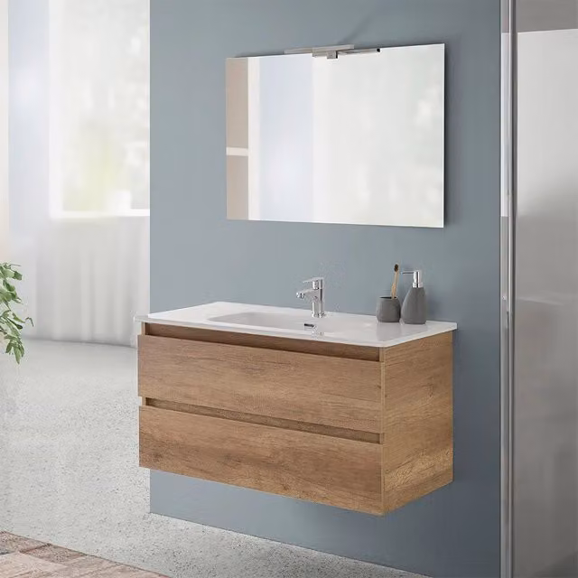 Mobile bagno sospeso Nadia INBAGNO in rovere naturale con lavabo e ante soft-close L: 100 cm