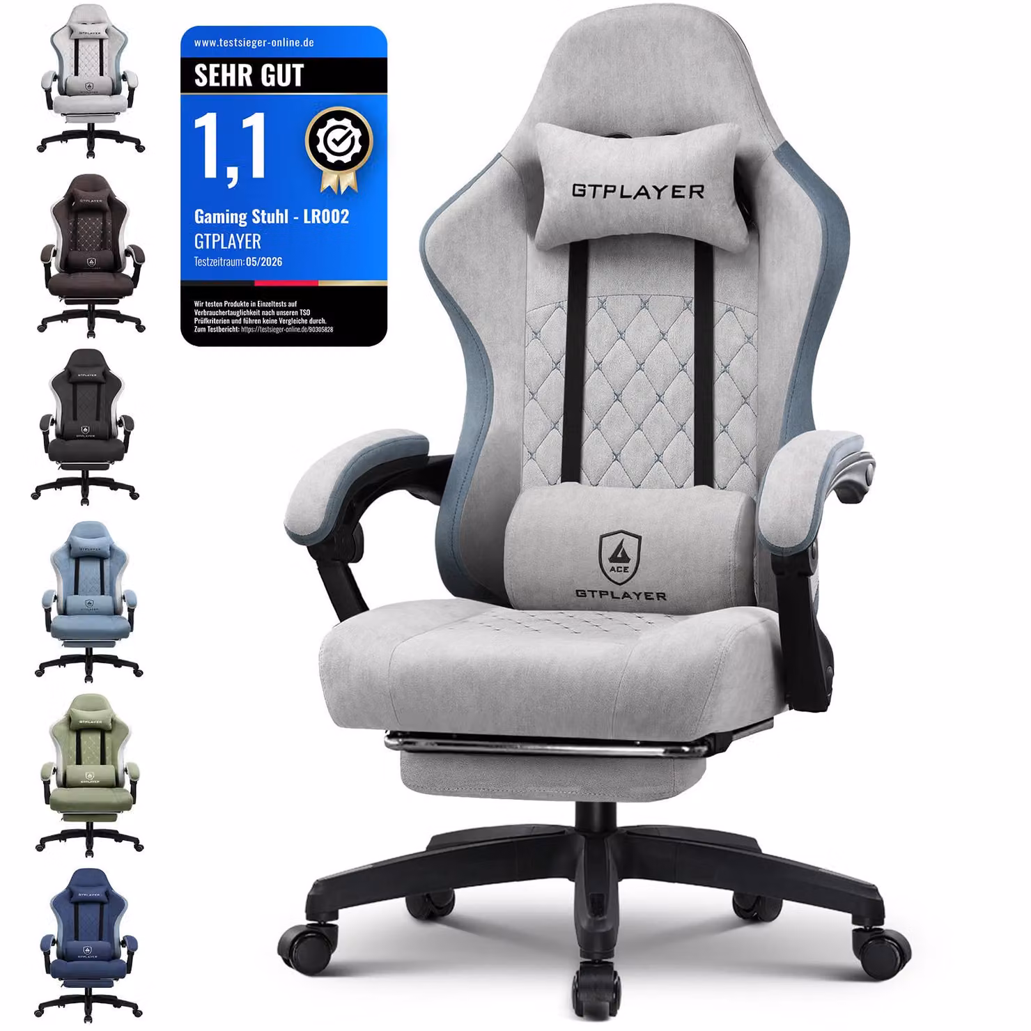 GTPLAYER sedia da gioco Poltrona ergonomica da gioco Sedia da scrivania Sedia da gioco per PC con superficie in tessuto, cuscino di seduta in piuma, braccioli di collegamento, con poggiapiedi, portata fino a 153 kg grigio