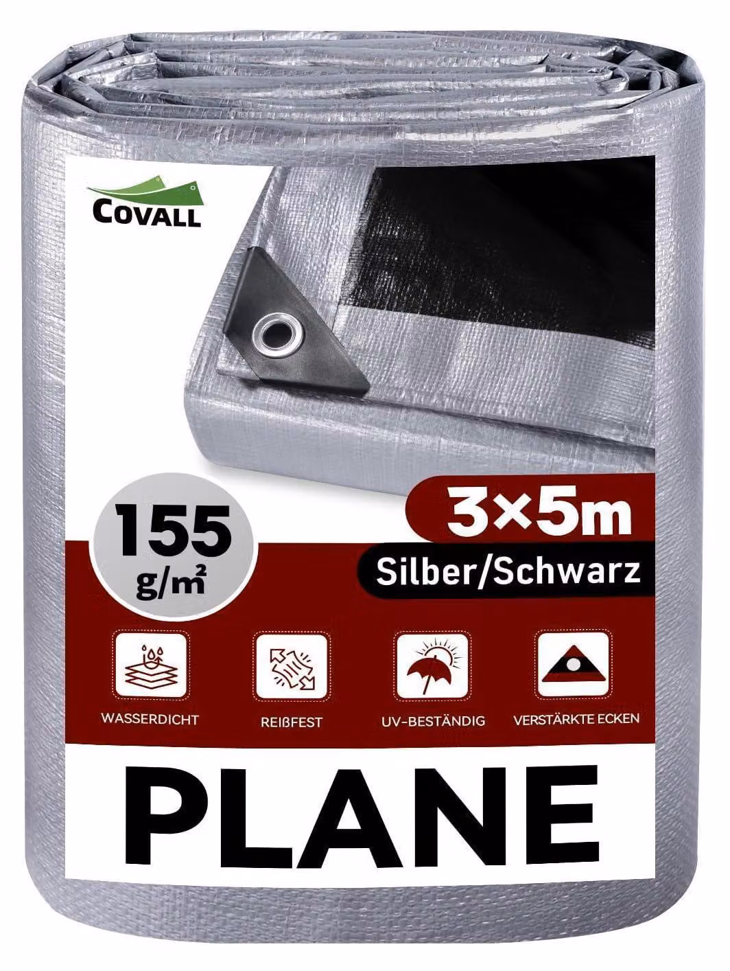 Telo di copertura con occhielli, 3x5 metri, impermeabile, 155 g/m², colore argento/nero, resistente allo strappo, stabilizzato contro i raggi UV