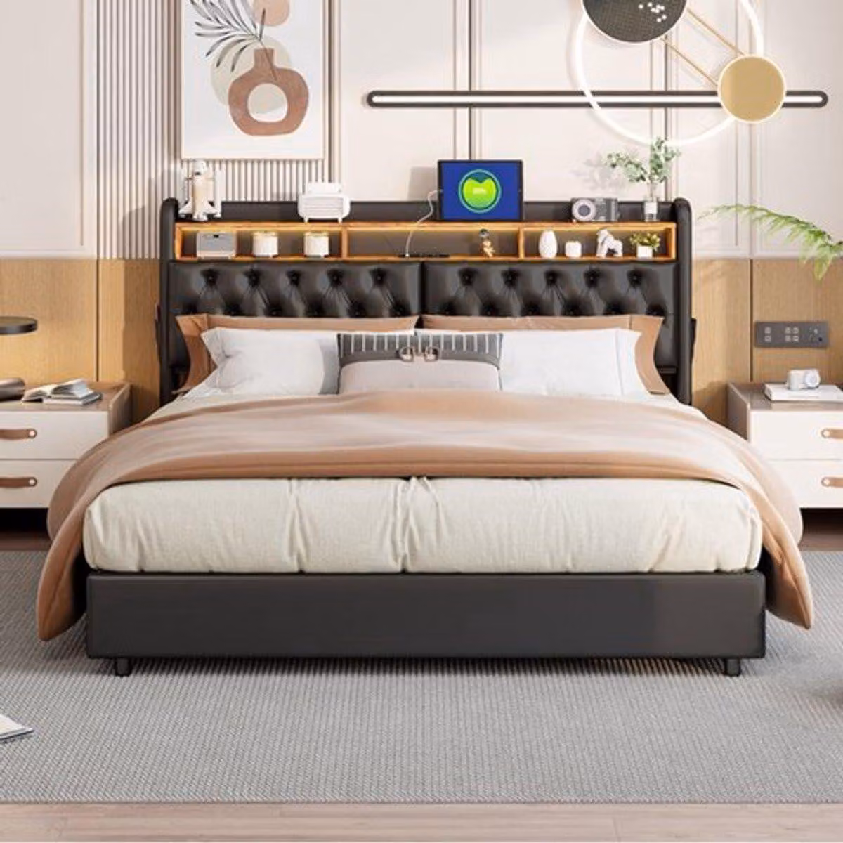 Letto matrimoniale imbottito 180x200 cm - Letto con sistema di sollevamento idraulico e contenitore - Rivestito in tessutoPoliuretanonero, con USB e illuminazione LED