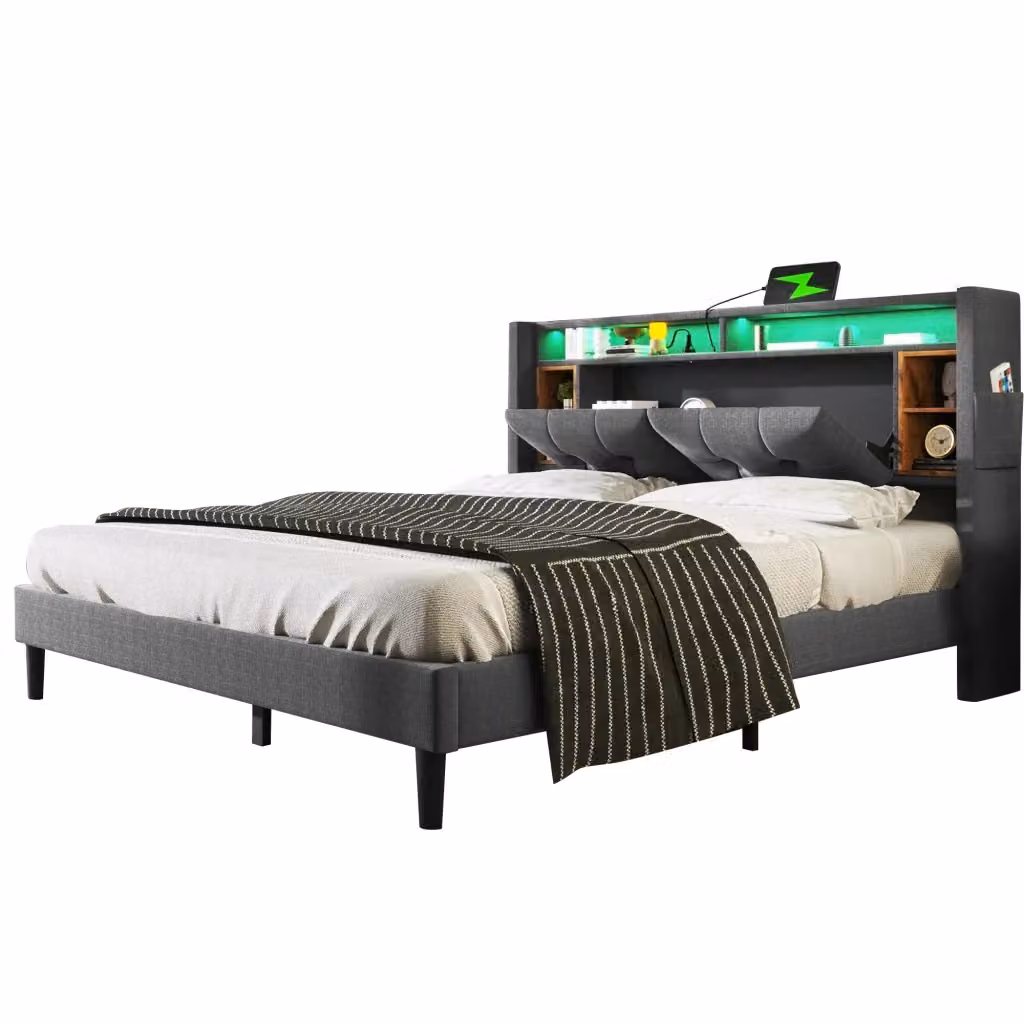 Letto contenitore matrimoniale moderno in tessuto grigio con testiera portaoggetti, porte USB, luci LED integrate e vani laterali, L/P: 160 x 200 cm – 2