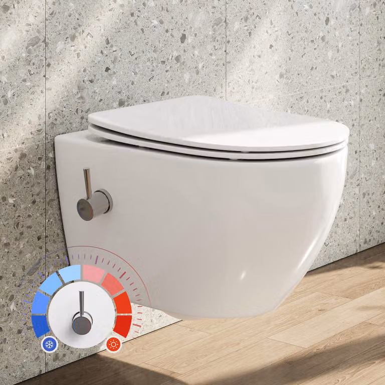 WC con doccia e funzione bidet, vaso sospeso con ugello integrato, WC con miscelatore, sedile WC con chiusura automatica, acqua fredda/calda, dimensioni 53x36x35 cm