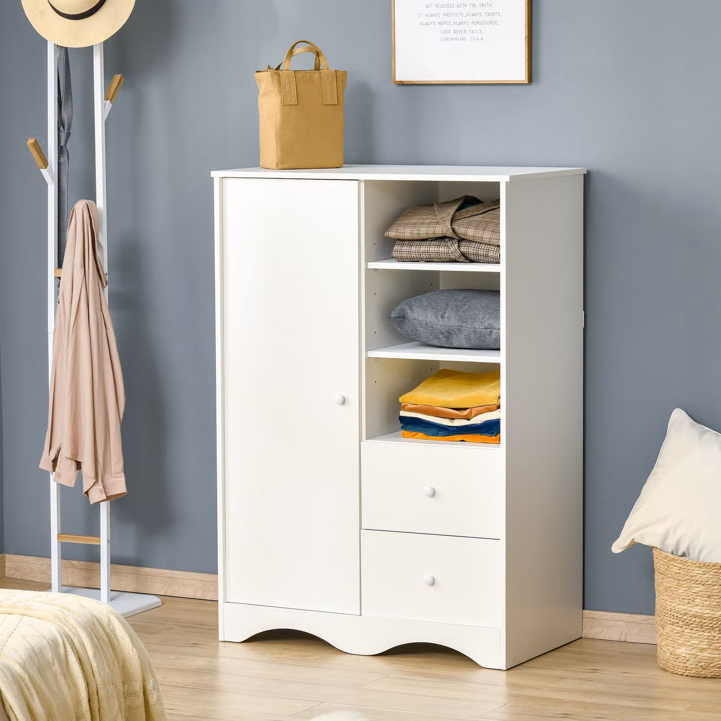 Armadio Moderno Aosom con Ante, 5 Ripiani, 3 Nicchie e 2 Cassetti, Bianco, L: 85,7 cm, P: 49,2 cm, H: 123,8 cm – 2