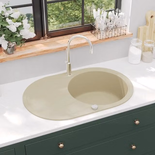 Lavello da cucina in granito con vasca singola ovale beige vidaXL L/P/H: 77,0 x 49,0 x 20,5 cm