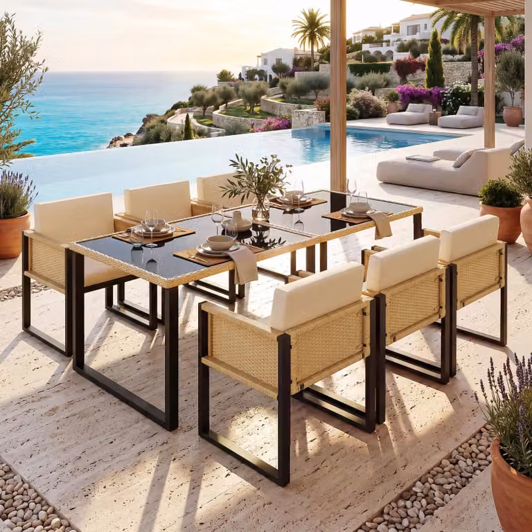 MODFU Set da giardino, mobili da giardino, set di mobili da balcone, tavolo da pranzo e sedie, set da pranzo da giardino a 6 posti con poltrone, rivestimenti sfoderabili e lavabili, marrone