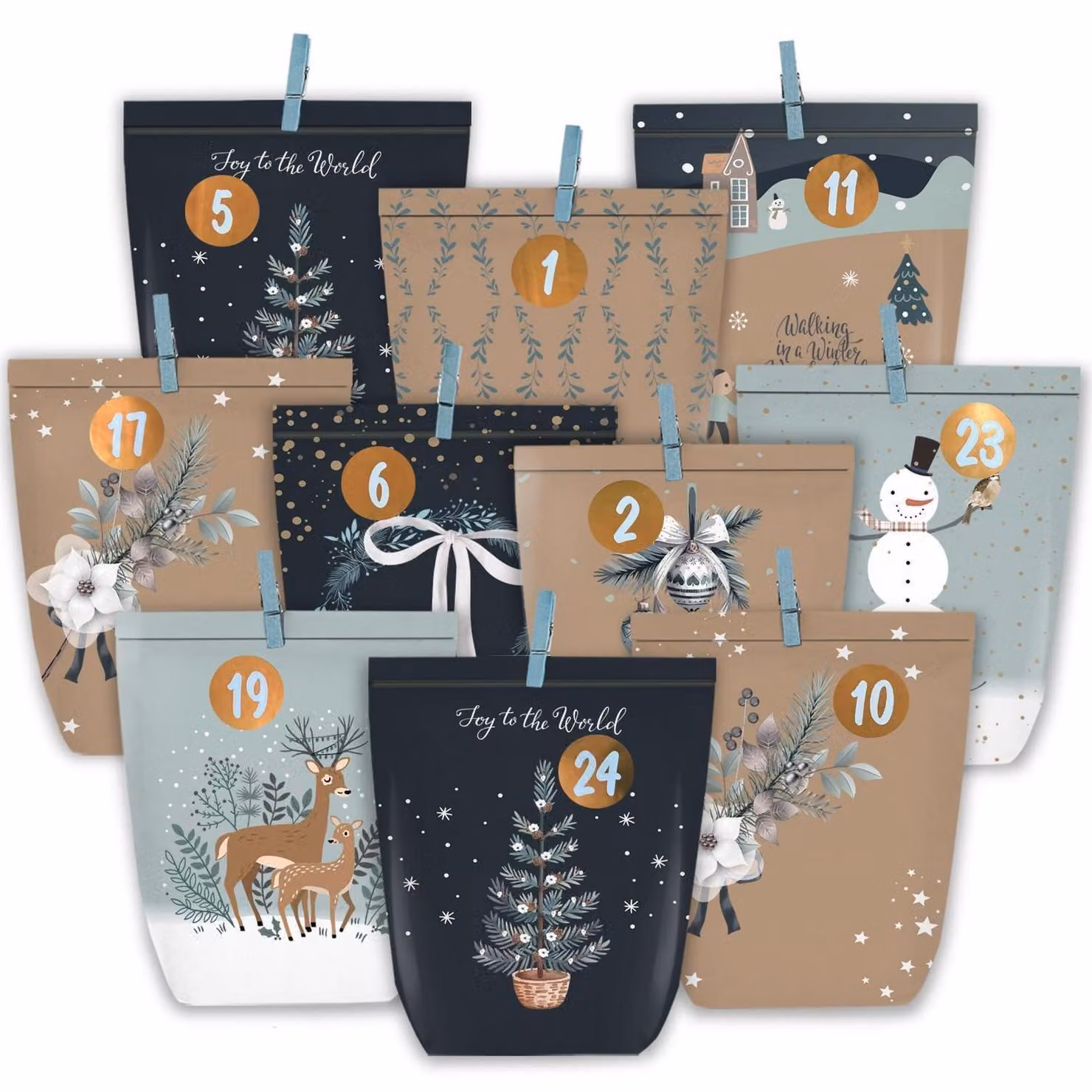 Calendario dell'Avvento da riempire, composto da 24 sacchetti di carta resistente, numeri adesivi, graffette di legno, colore blu scuro