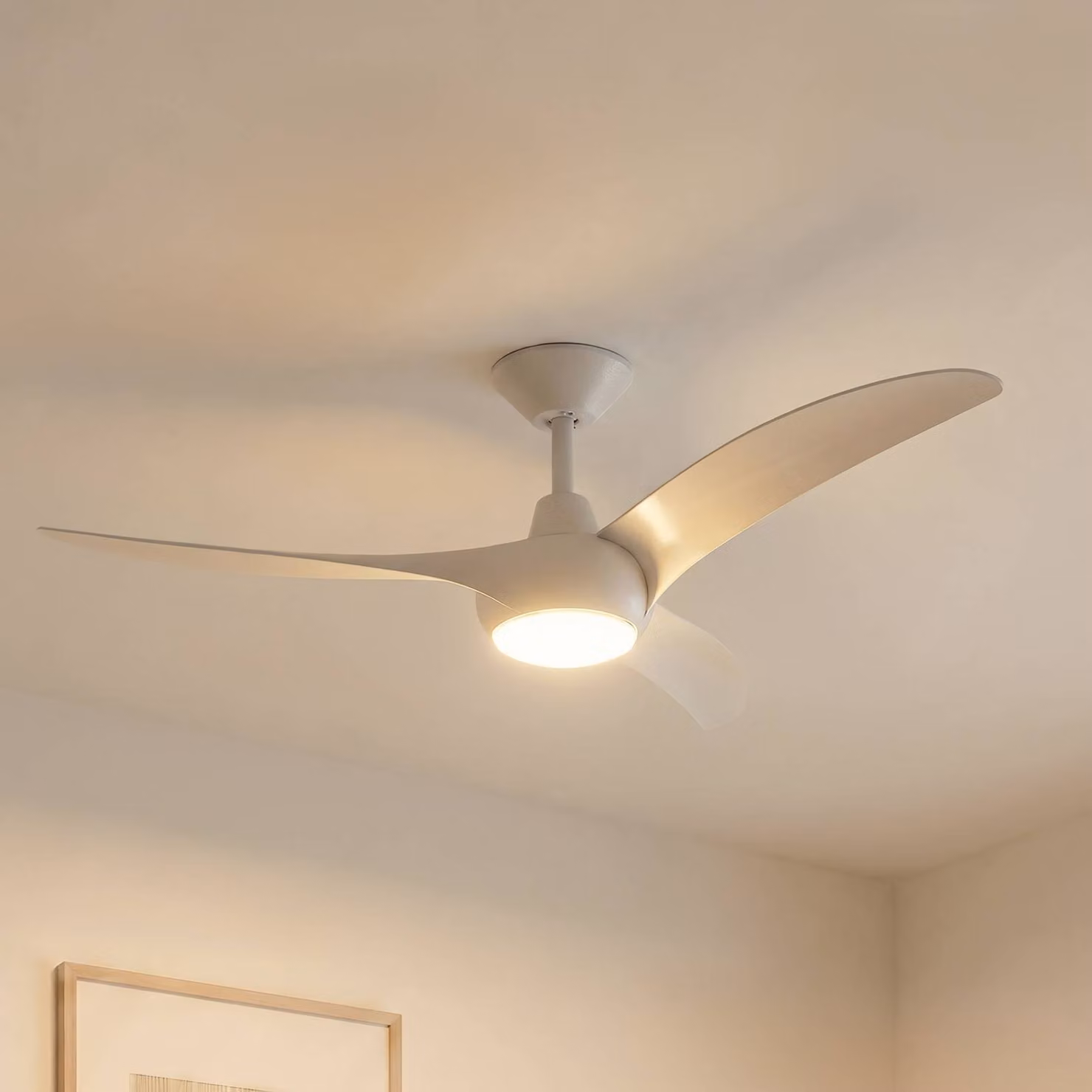 Ventilatore da soffitto LED Lindby Briya, bianco, Ø 116 cm, CCT Briya Lindby, dimmerabile, Bianco / Opale, Soggiorno / Sala da pranzo, Plastica, Moderno