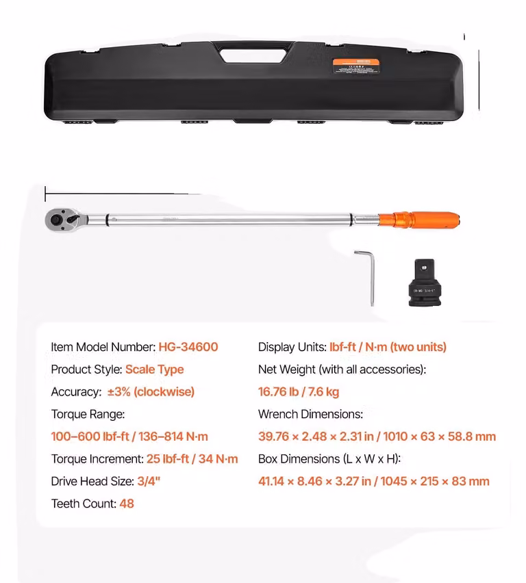 Chiave dinamometrica, attacco da 3/4 di pollice, funzionamento bilaterale, portata da 100-600 Ft-Lb
