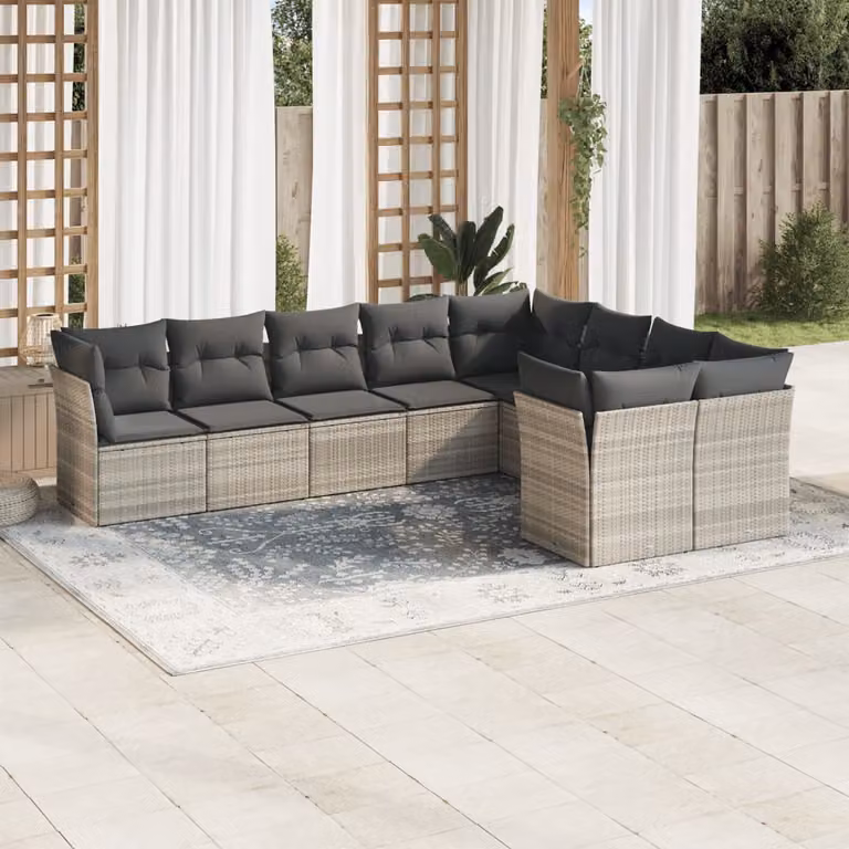 vidaXL Set Divano da Giardino 9pz in Polyrattan Grigio con Cuscini Imbottiti e Rivestimenti Rimovibili