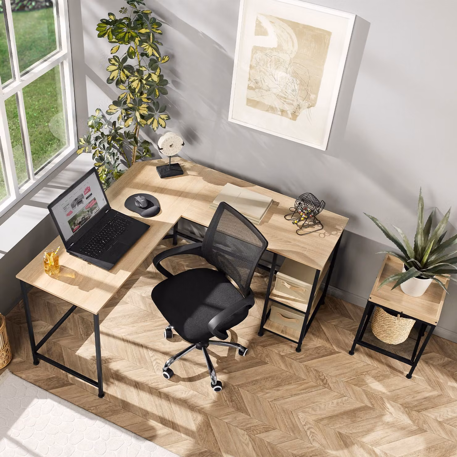 Scrivania angolare Hamilton TecTake in stile industriale, colore rovere e nero, L/P/H: 138 x 138 x 75,5 cm – 3