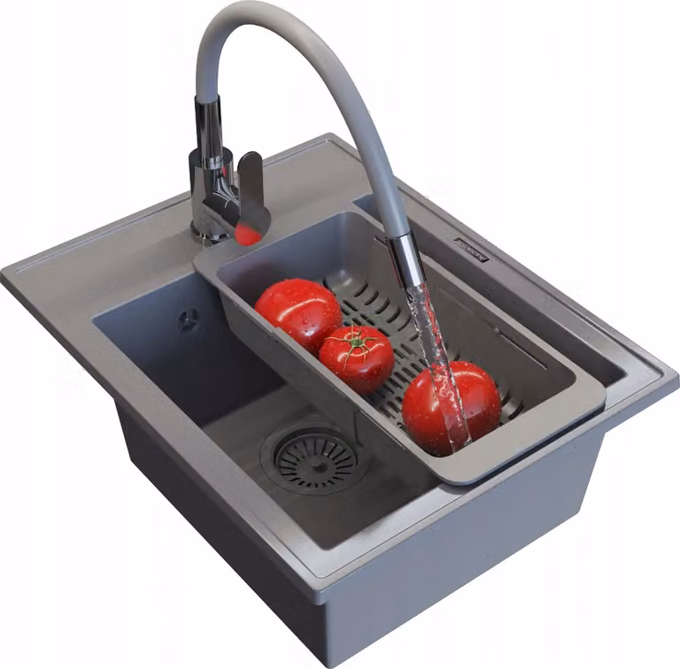 Granitan - Lavello in granito - Lavello da cucina - 50x40 cm - Grigio - con rubinetteria GRADO e scolapiatti - Lavello