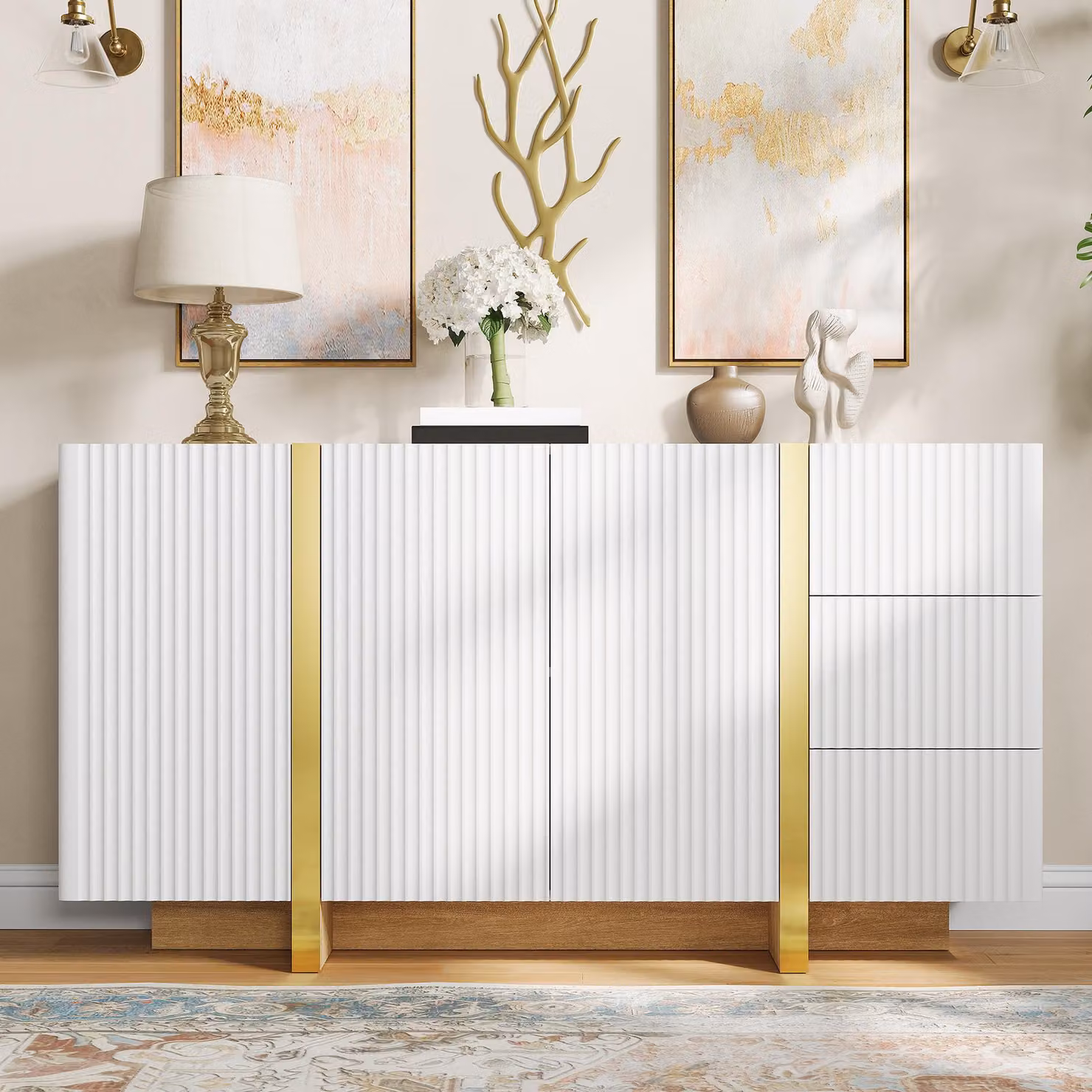 Mobile contenitore Merax con 3 ante e 3 cassetti, comò con frontale a listelli, modanature dorate, armadio contenitore in MDF, cerniere in metallo, colore bianco