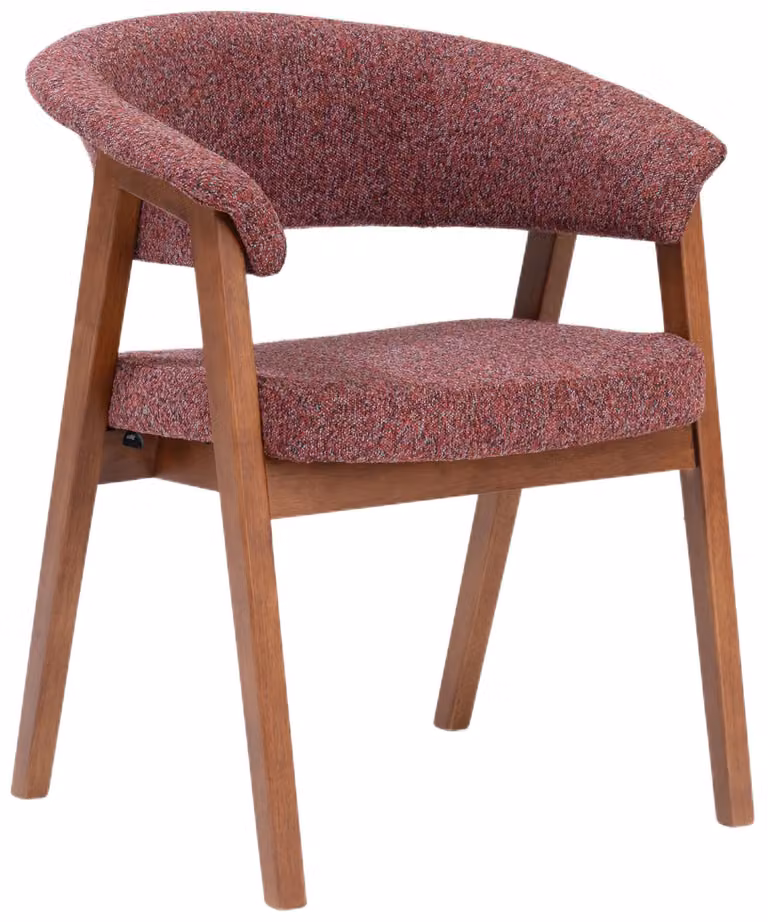 Selsey Nux: Sedia da pranzo in legno massello con braccioli, rivestita in tessuto bouclé color bordeaux/noce, altezza 61 cm