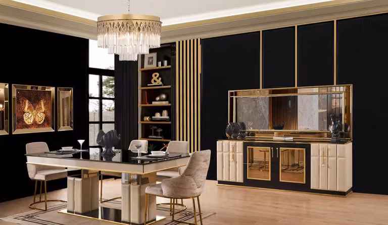 Set per sala da pranzo: tavolo, 4 sedie, consolle. Colore: beige. Stile: moderno. Caratteristiche: pratico