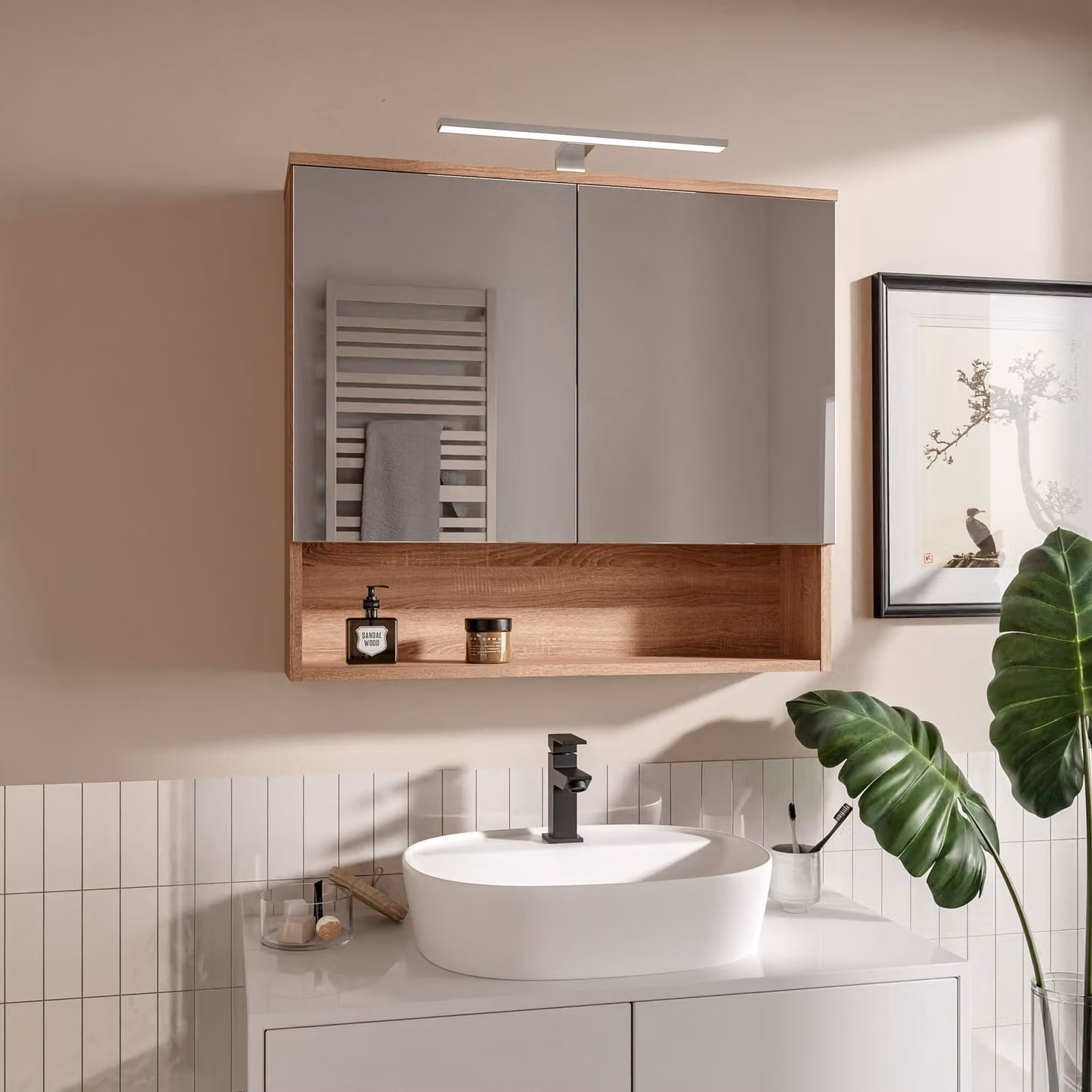 HAJDUK FURNITURE Armadietto Bagno con Specchio 78x70 cm Rovere Sonoma con LED 4000K IP44 Mobile Pensile 2 Ante e Ripiano Apertura Senza Maniglie