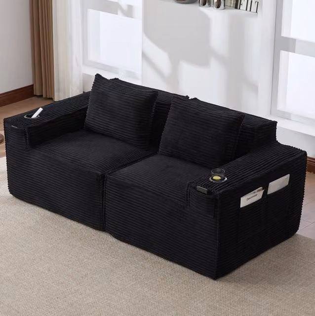 Divano modulare ULEVR 188x90x75 cm in velluto a coste nero con portabevande e tasche laterali
