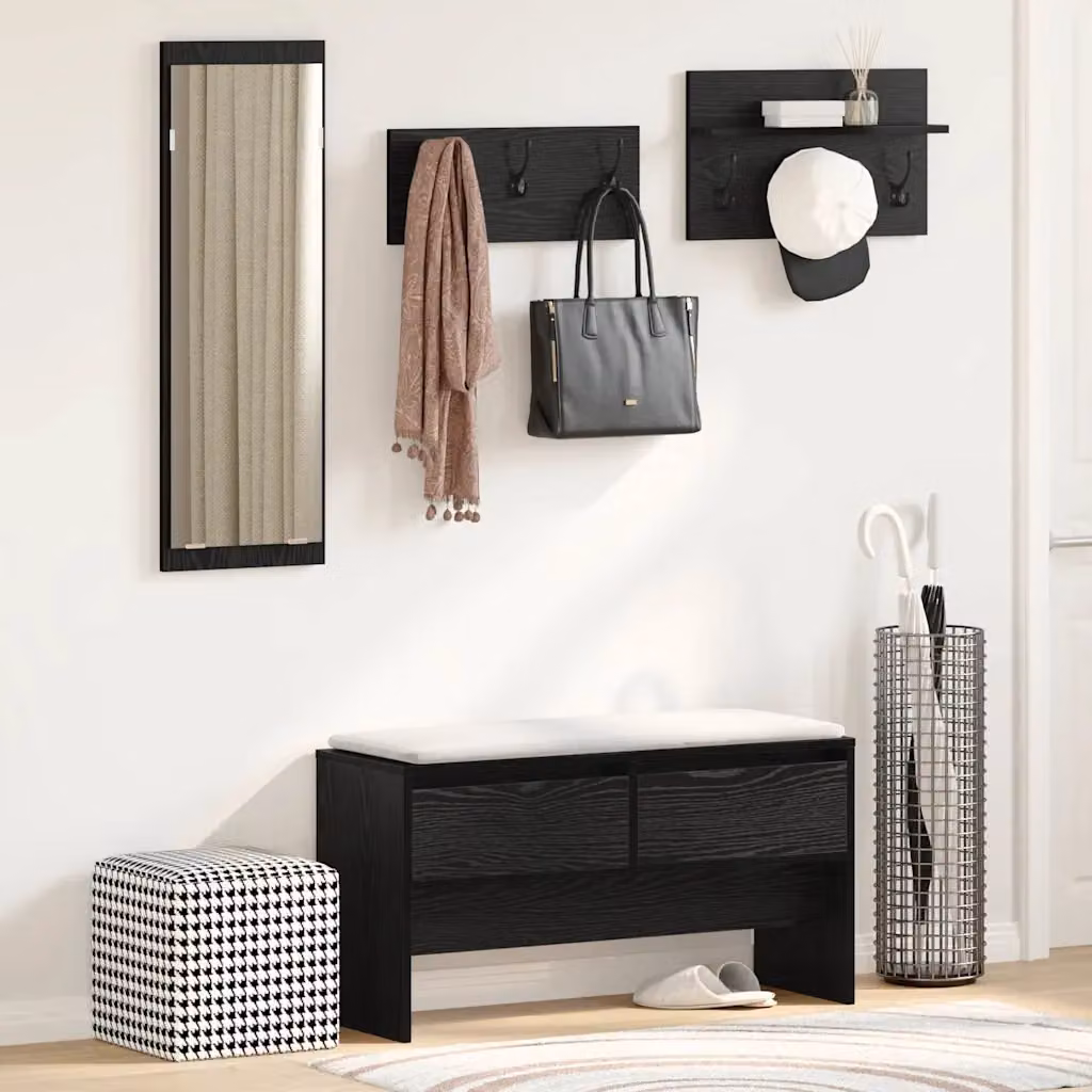 Set mobili da ingresso vidaXL 4 pz nero, composto da panca, specchio e appendiabiti, L: 90 cm, P: 31 cm, H: 46,5 cm