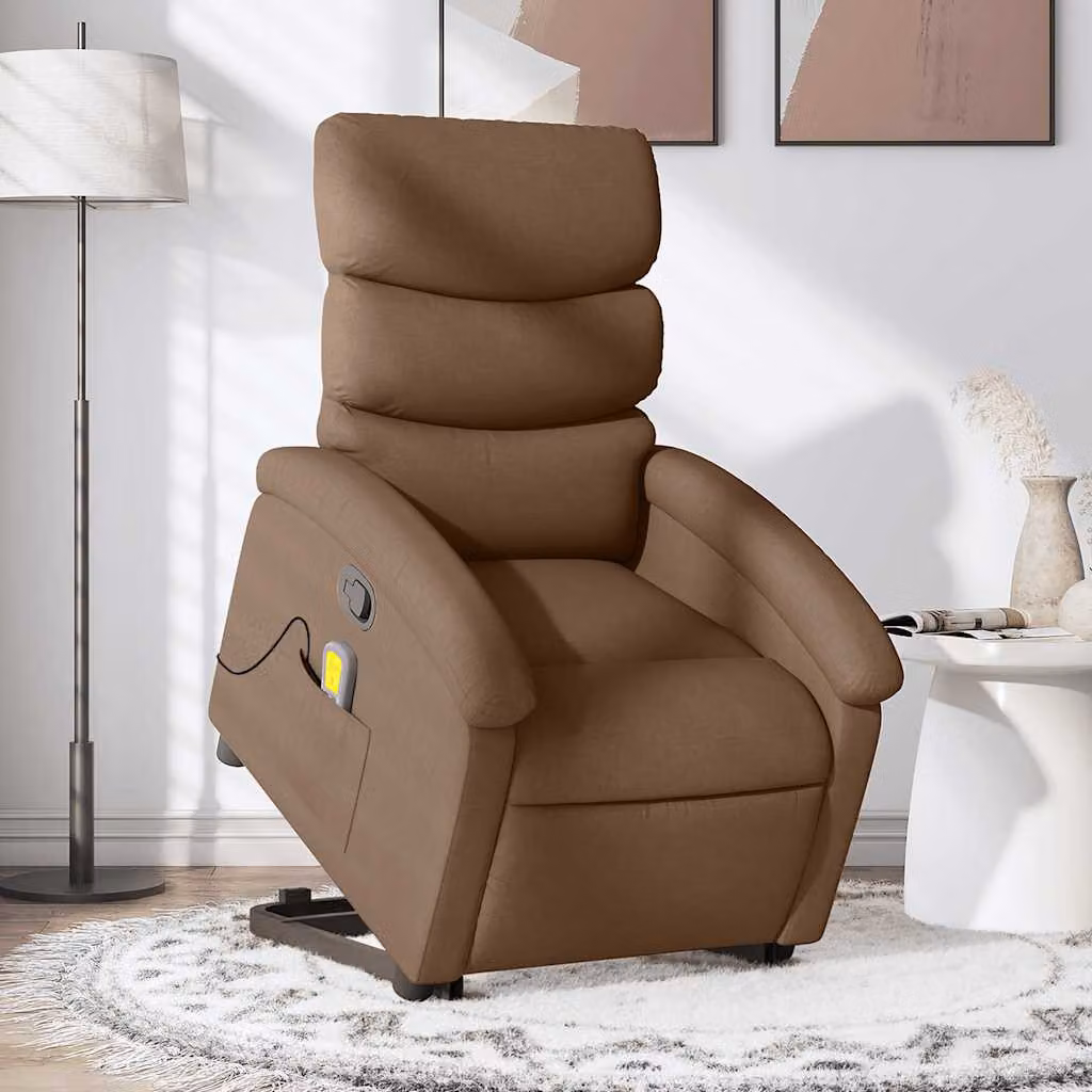 vidaXL Poltrona Alzapersona Massaggiante Reclinabile in Tessuto Marrone con Supporto Elettrico per Senior – 1