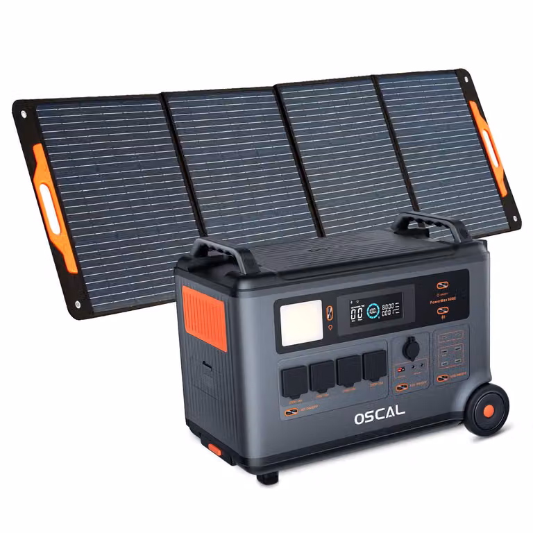 Generatore di corrente PowerMax da 3600W, centralina di alimentazione da 3,60 kW, 3600 Wh, 14 uscite, luce LED, batteria di accumulo solare LiFePO4, con pannello solare pieghevole PM200 Pro
