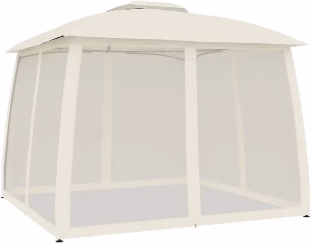 Gazebo moderno con tetto doppio e pareti in rete color crema, struttura in acciaio, L: 293 cm, P: 293 cm, H: 280 cm