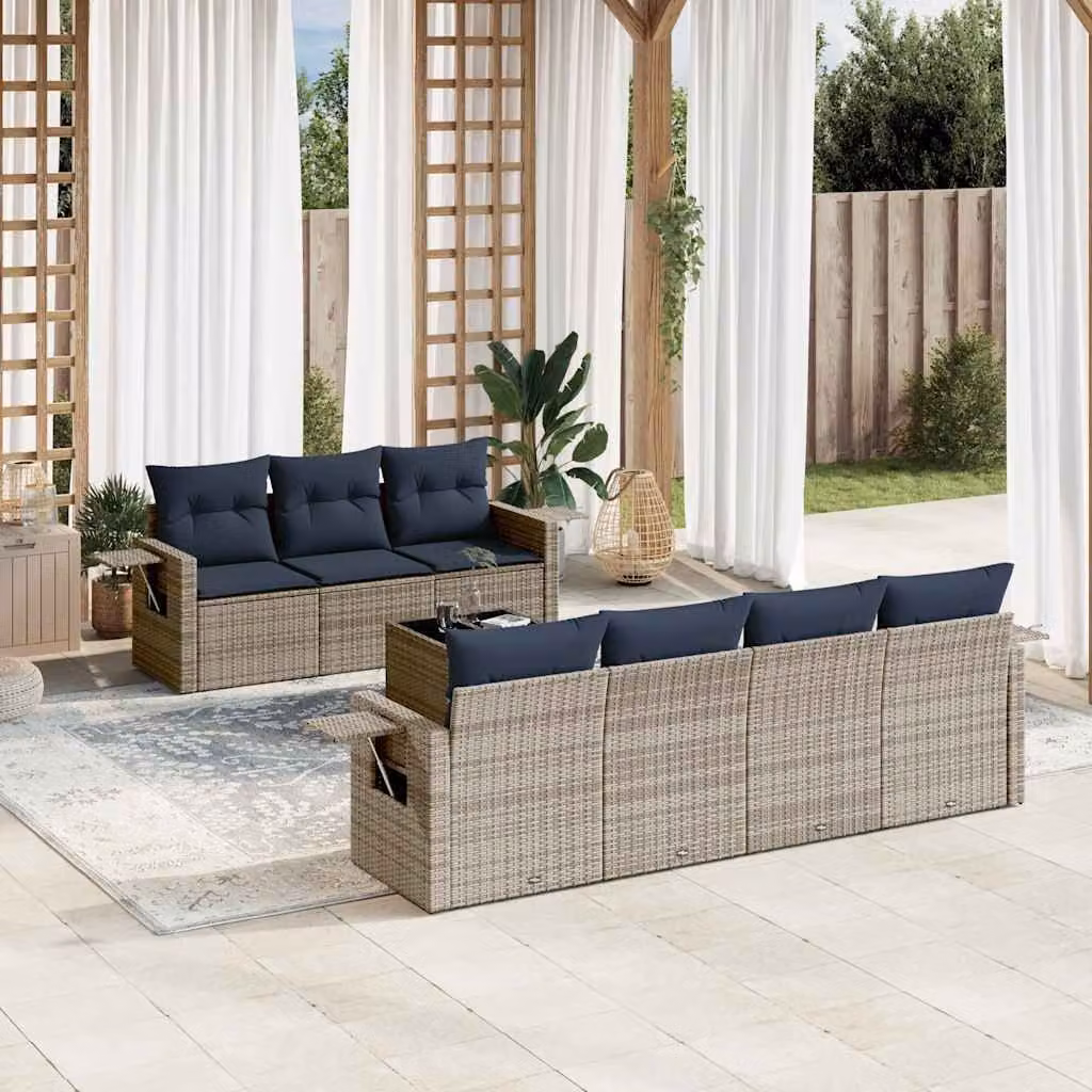 Set Divani da Giardino vidaXL 8 Pezzi in Polyrattan Grigio con Cuscini e Tavolino