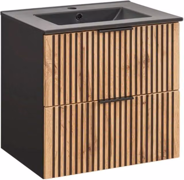 Set da bagno KINOKO: mobiletto sottolavabo con cassetti 60cm + lavabo incasso nero + sifone