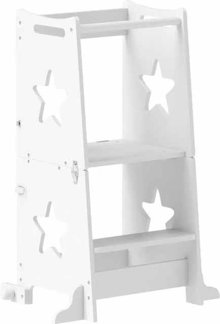 AIYAPLAY Scala Montessori Convertibile in Set Tavolo e Sedie con Barra di Sicurezza in Legno, Bianco, L 60 cm x P 44.5 cm x H 86 cm