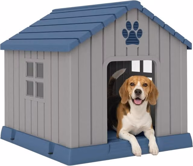 Cuccia per Cani Taglia Media da Esterno Impermeabile con Base Rialzata e Finestre ¨C Xylo ¨C Grigio 85x79x82 cm