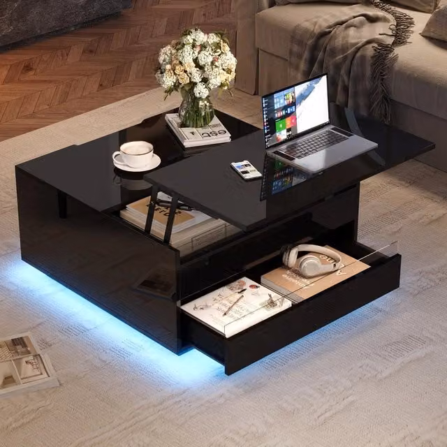 Tavolino da caffè MINIMAL con LED e cassetto nero lucido L 70 cm x P 70 cm x H 38 cm