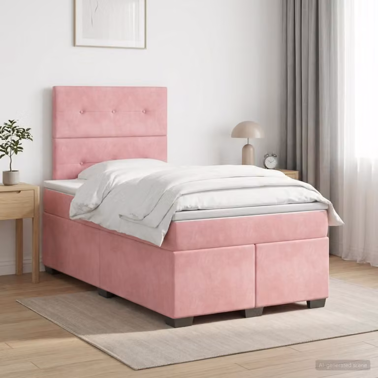 Letto box spring con materasso vidaXL in velluto rosa e bianco, L/P: 200 x 120 cm