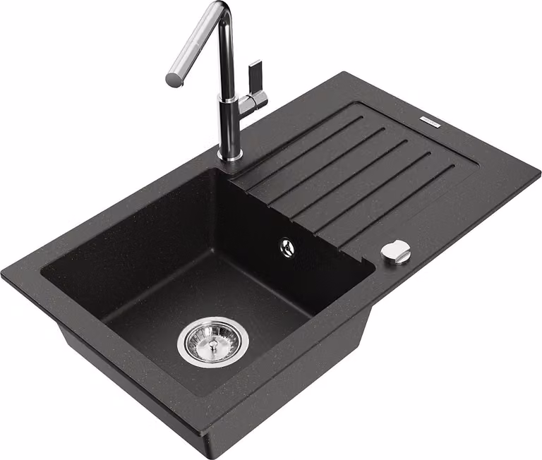 Mexen Pablo lavello in granito a 1 vasca con scolapiatti e rubinetto da cucina Flora, nero/oro metallizzato - 6510-75-670401-00
