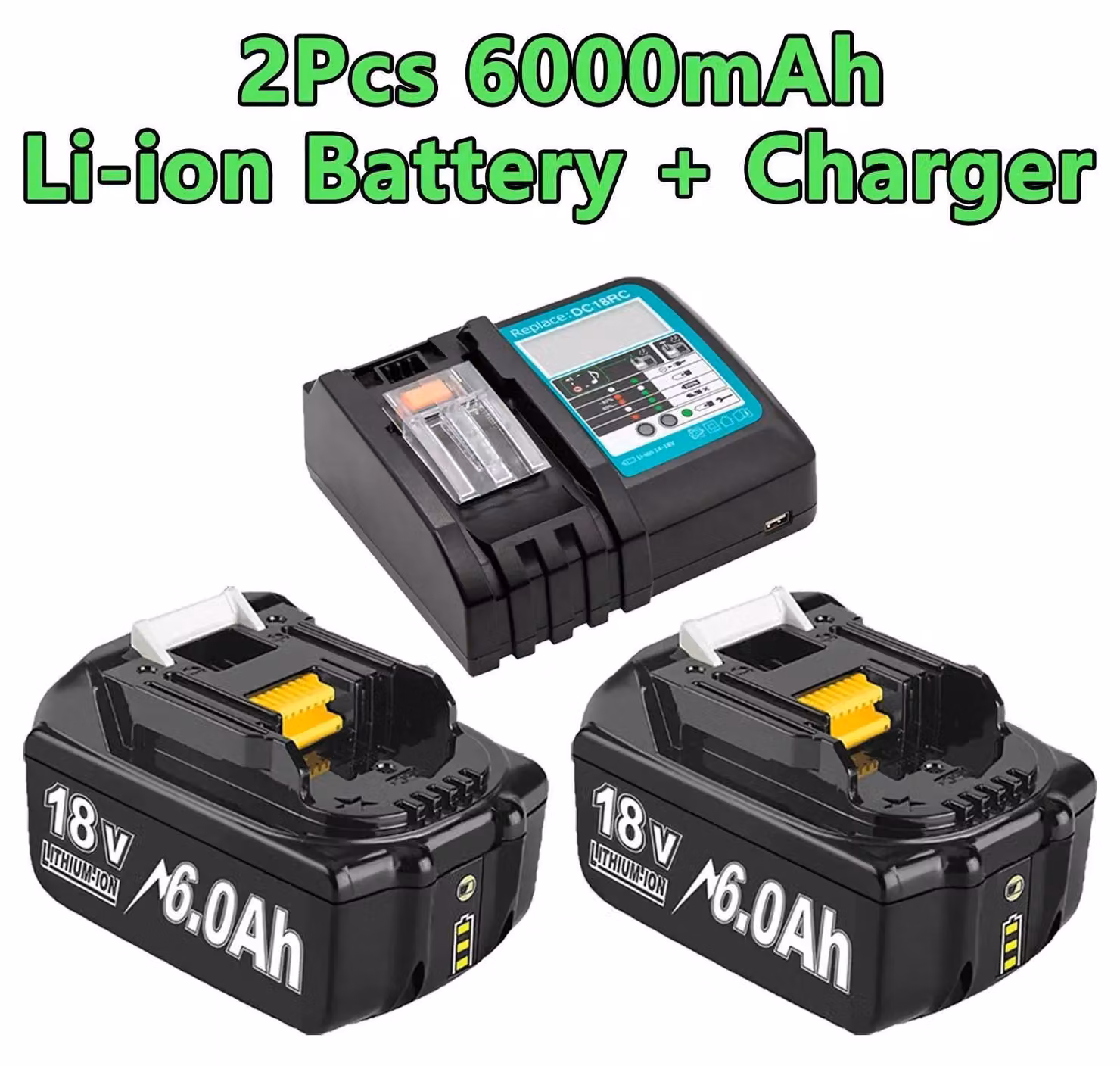 Set di batterie per utensili elettrici - Batteria di ricambio agli ioni di litio con caricabatterie - 18V, 2 batterie da 6000mAh - Compatibile con BL1830, BL1840, BL1850, BL1860 - Caricabatterie rapido da 4A con singola porta - Confezione da 2