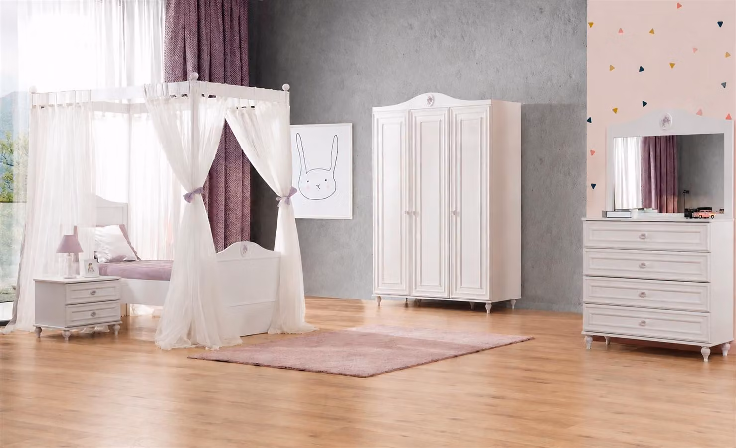 Set per camera da letto per ragazzi: letto a baldacchino, armadio, cassettiera, specchio
