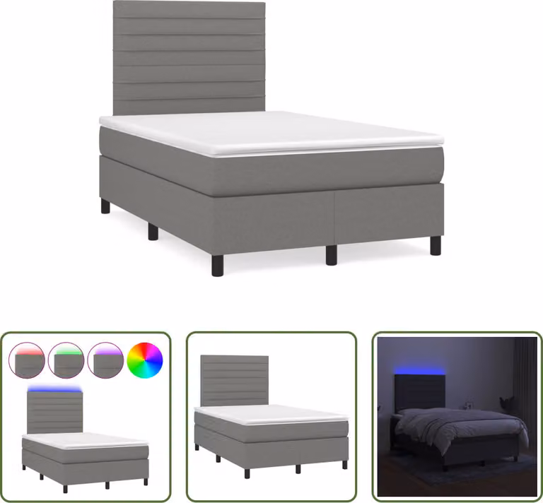 The Living Store Letto a molle con materasso e LED in tessuto grigio scuro 120x190 cm