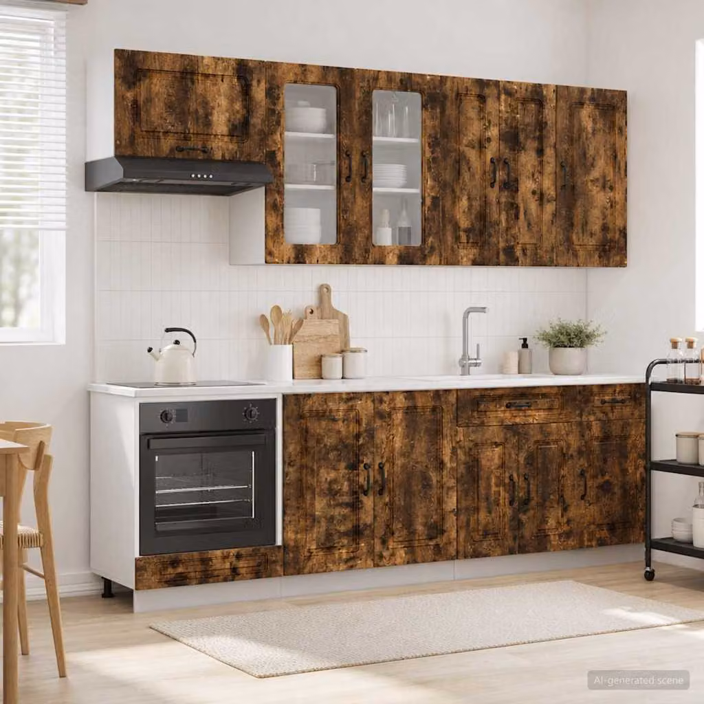 Unità Cucina Moderna vidaXL KALMAR 8 Pezzi in Rovere Fumo e Legno Ingegnerizzato con Ante in Vetro, Colore Marrone