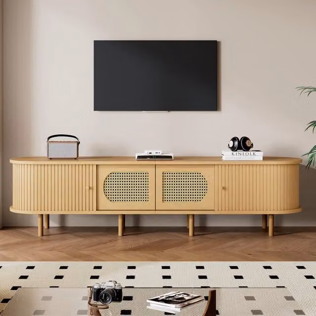 Mobile TV ovale 180x40x40 cm in MDF colore legno chiaro design rattan, 2 ante e 2 porte scorrevoli, per TV fino a 75 pollici