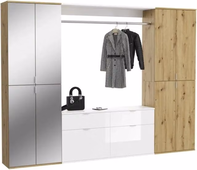 Armadio moderno Meublorama con ante a battente, specchi e cassetti integrati, Bianco e Rovere, L: 243 cm, H: 193 cm, P: 60 cm