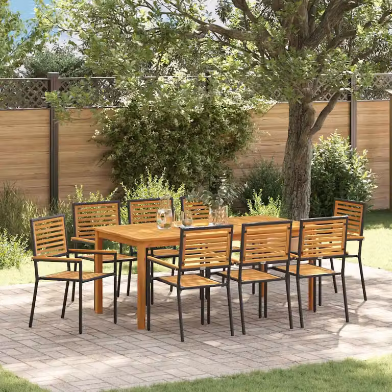 Set da pranzo per giardino e terrazzo vidaXL in rattan e legno di acacia, 9 pezzi, nero e marrone, L: 180 cm, P: 90 cm, H: 75 cm